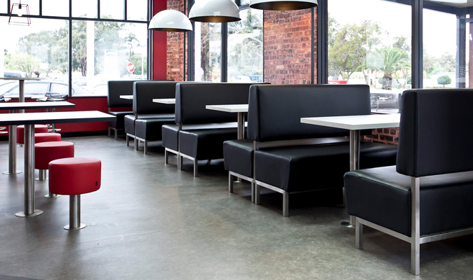 KFC Warwick - Booth Seating and Fixed Bar Stools, New Plywood Wall Cladding, New Picture Frames