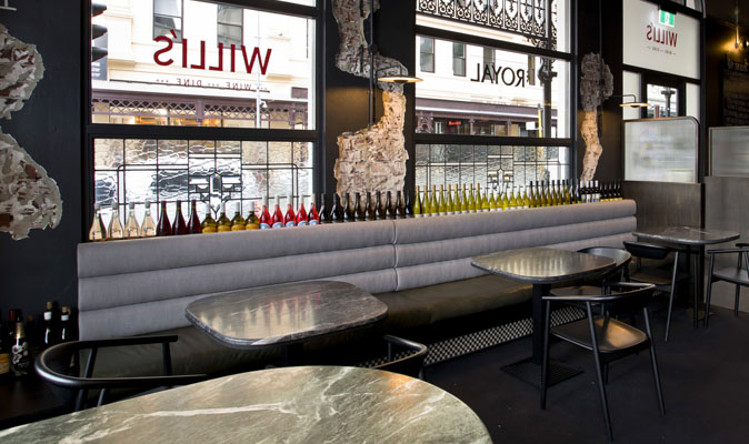 Willis Wine Bar - Custom Banquette Seating with Instyle Feel ‘Young Again’ fabric & Vera Pelle Antico Cappero leather seats